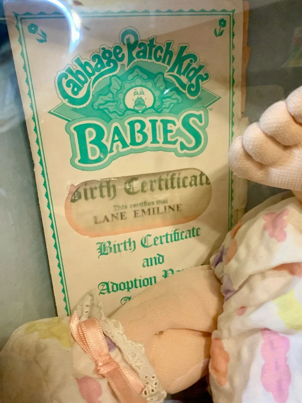 Vintage Cabbage Patch Kids Baby Doll With Pacifier In Box Babies LANE EMILINE